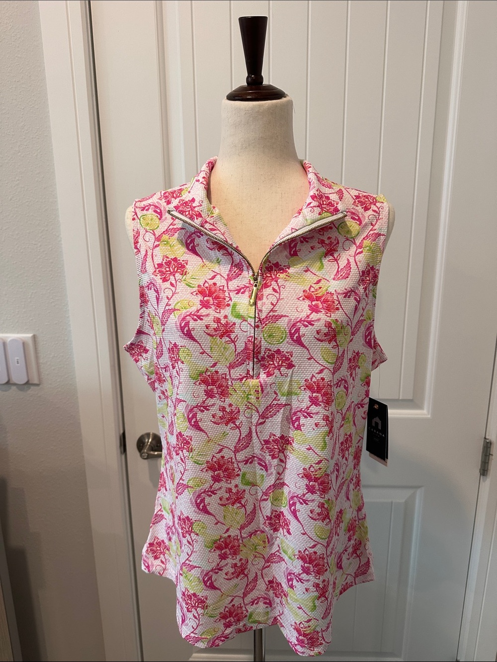 Cabana Life Pink Floral Zip Mock-Neck Sleeveless Golf Shirt with Lime Accents